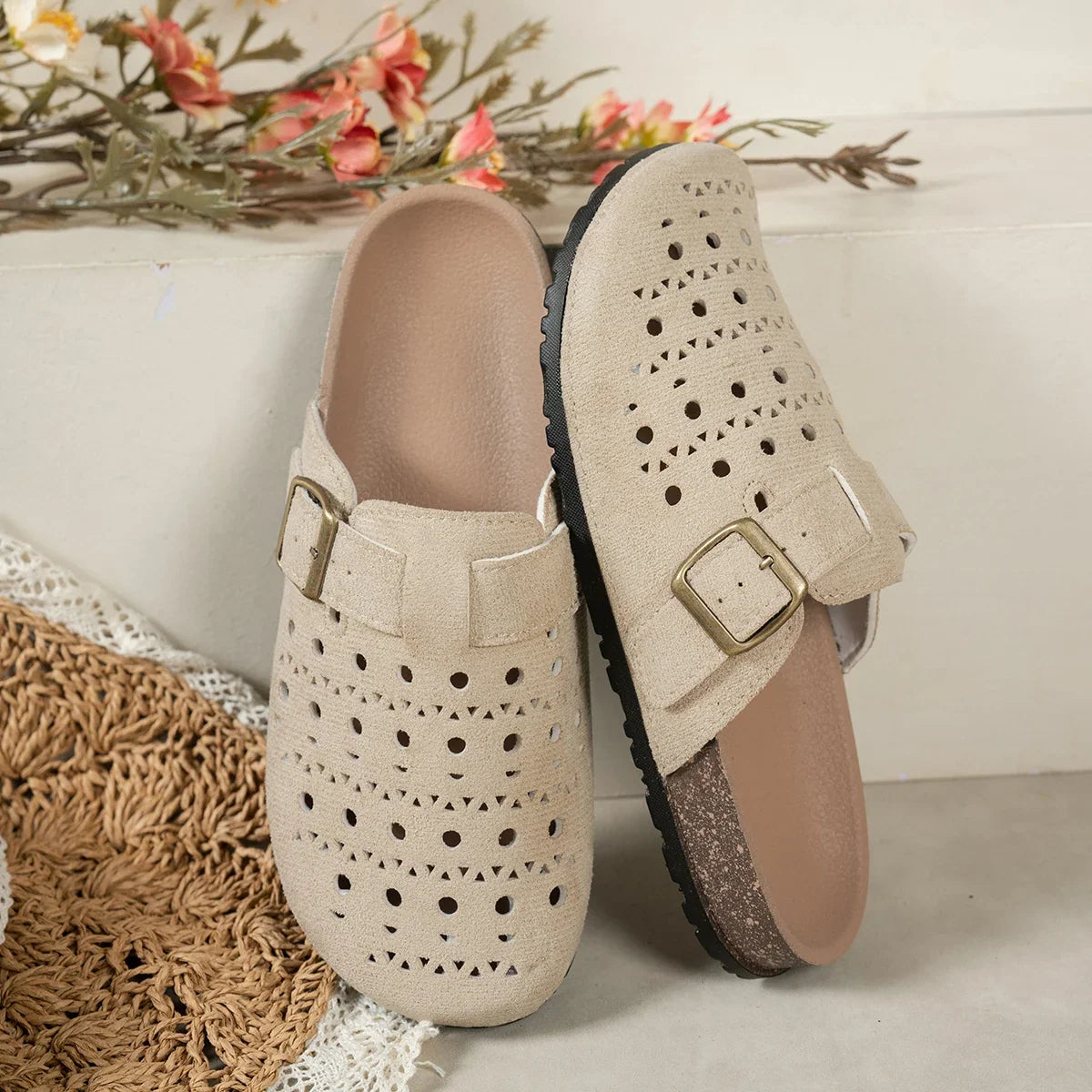 Women Hollow Out Clogs Slippers Perforated Cork Sole Flat Mules Buckle Closed Toe Breathable Indoor Outdoor Summer Shoes