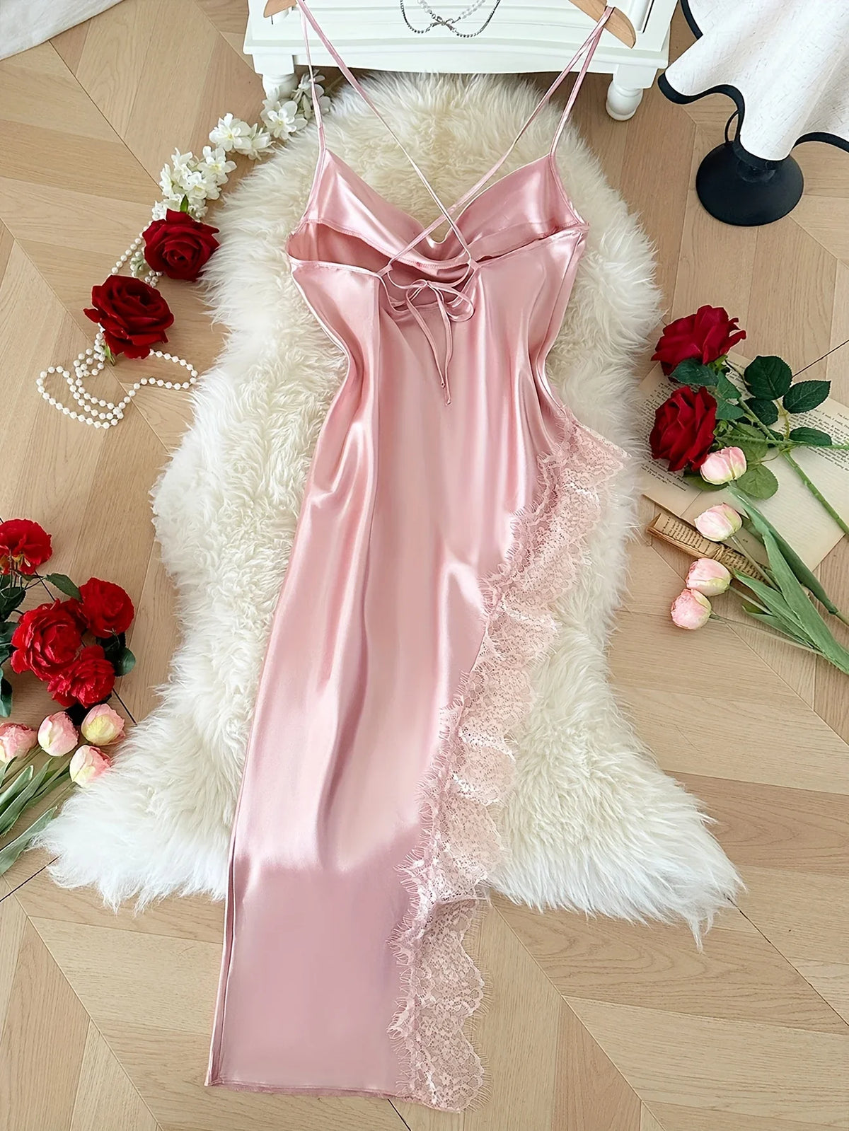 Sexy Lace Patchwork Pajamas Comfortable And Casual Long And Comfortable Women&