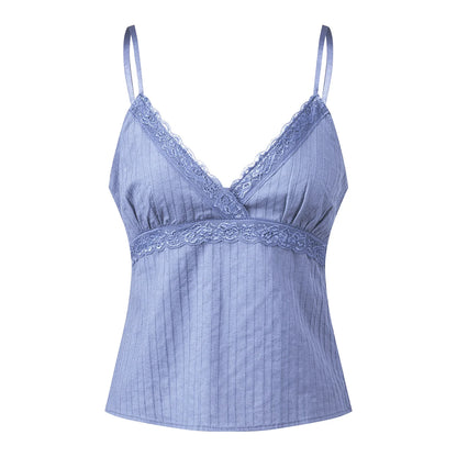 Women Camisole Solid Color Spaghetti Straps V-neck Lace Patchwork Summer Tops for Party Club