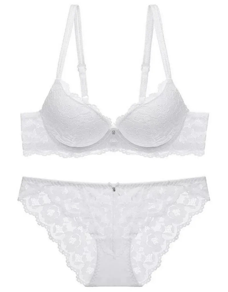 Hollow Lace Floral Sexy lingerie set Bow Padded Push Up women&