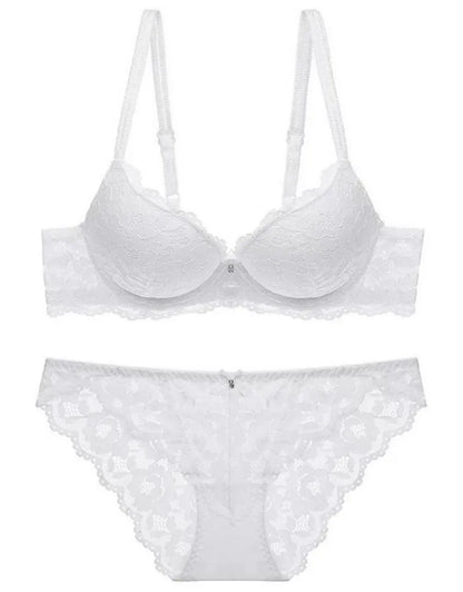 Hollow Lace Floral Sexy lingerie set Bow Padded Push Up women&