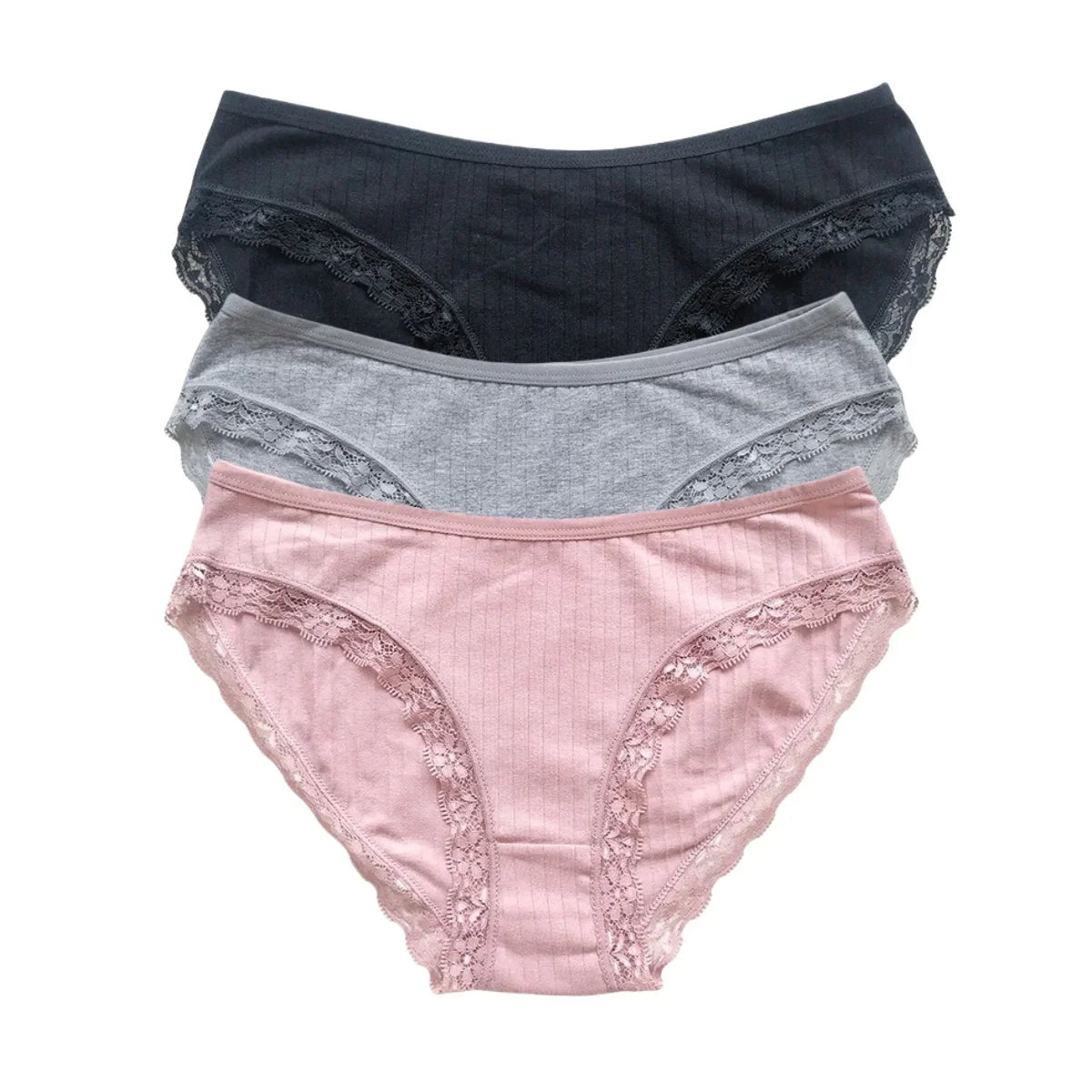 3Pcs/Set Cotton Panties Women Lace Trim Briefs Female Underpants Solid Color Soft Underwear Sexy Lingerie Intimates M-XL