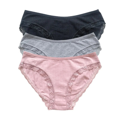 3Pcs/Set Cotton Panties Women Lace Trim Briefs Female Underpants Solid Color Soft Underwear Sexy Lingerie Intimates M-XL