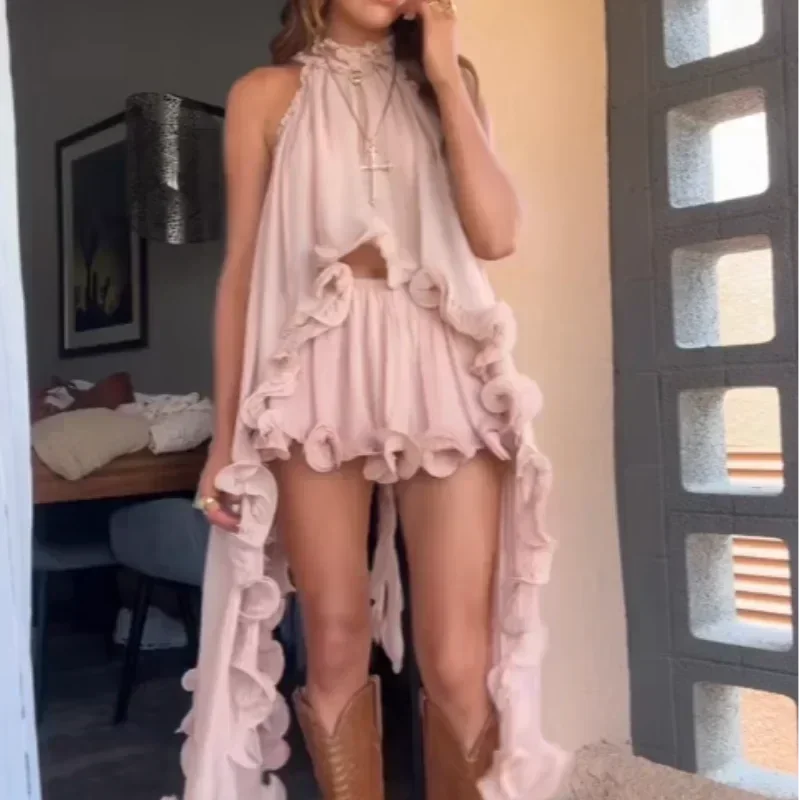 Elegant Ruffle Mini Skirt Set Women Sleeveless Halter Irregular Ruffles Top Mini Loose Short Skirts Sets 2025 Summer Lady Suit