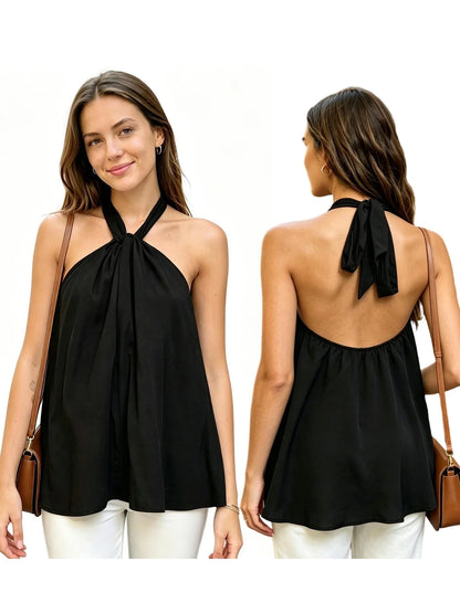 Women Tie-up Halter Tops Loose Solid Color Sleeveless Open Back Ruffled Vest Stylish Summer Streetwear