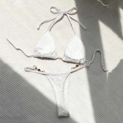 Purple Velvet Leopard Swimsuit Sexy String Halter Triangle Bikinis Sets De Mujer Micro Thong Swimwear Women Bikinis Bathing Suit