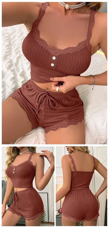 Women Sexy Pajama Set Ribbed Lace Trim Camisole Top &amp; Shorts Summer Sleepwear Two Piece Lounge Nightwear