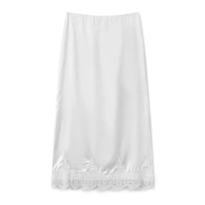 Women Solid Color Satin Long Skirs Elegant Low Waist Lace Patchwork Flowy Summer Skirt for Casual