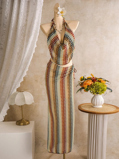 Sexy Coffee Striped Bikini Set 2026 Women Cover Up+Long Skirt 4 Piece Swimsuit Summer Bathing Suit Holiday Swimwear Biquini