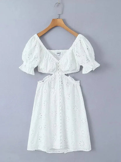 Foridol White Lace Cotton Dress V Neck Off Shoulder Sexy Beach Short Dress Summer Women Buttons Cut Out Mini Beach Sundress 2025