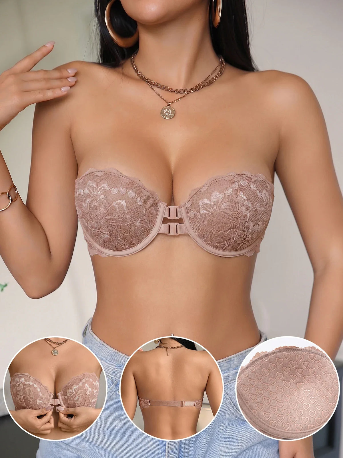 Solid Color Lace Women Strapless Bra Front Closure Underwire Push Up Invisible Non-slip Sexy Lingerie