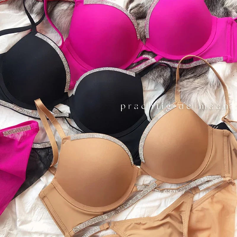 Sexy Women Underwear Set Cross Hollow Bra Fashion Rhinestones Cup Solid Color Push Up Brassiere Deep V Lingerie 2 Pieces Set