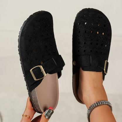 Women Hollow Out Clogs Slippers Perforated Cork Sole Flat Mules Buckle Closed Toe Breathable Indoor Outdoor Summer Shoes