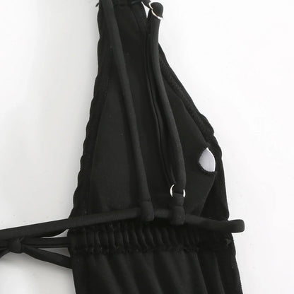 2026 New Deep V One Piece Black Swimsuit Halter Solid Color Women&