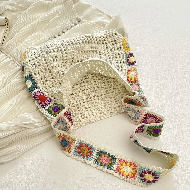 Dawndesslo Boho Crochet Bag Floral Knitted Handbag With Large Capacity