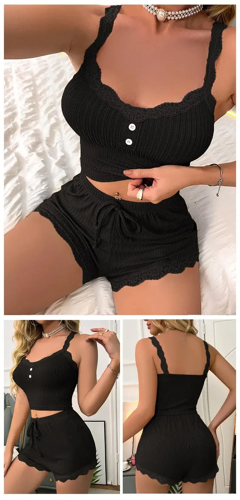 Women Sexy Pajama Set Ribbed Lace Trim Camisole Top &amp; Shorts Summer Sleepwear Two Piece Lounge Nightwear