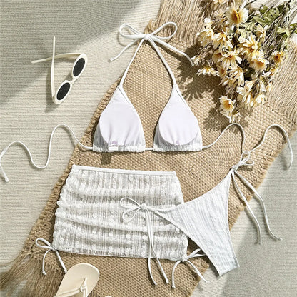 Beige Mesh Cover Ups Swimwear Halter String Triangle Bikinis Sets 3 Pieces Micro Thong Sexy Swimsuit Women 2026 Bathing Suit