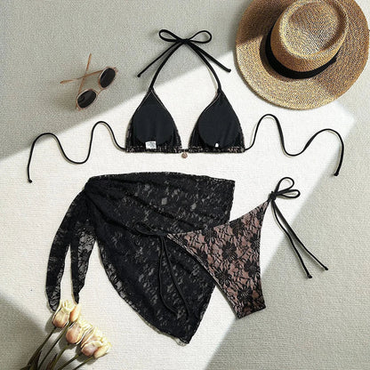 Mesh Sarong Lace Halter High Cut Bikini Female Swimsuit Women Swimwear Three-Pieces Bikini Set Bather Bathing Suit Swim V6284