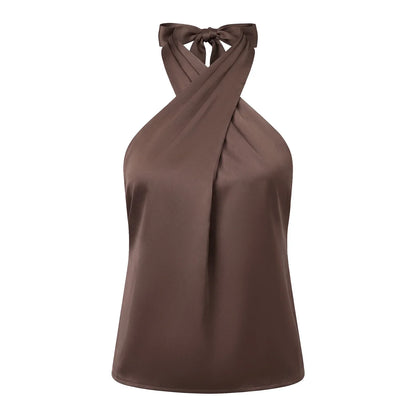 Women Fashion Sleeveless Halter Neck Tank Tops Summer Solid Color Backless Satin Casual Vests Streetwear