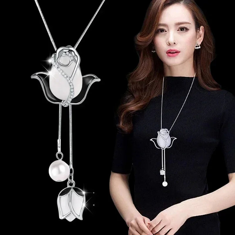 New Arrival Long Necklaces for Women 2024 Fashion Gray Crystal Choker Collier Femme Statement Necklaces &amp; Pendants Accessories
