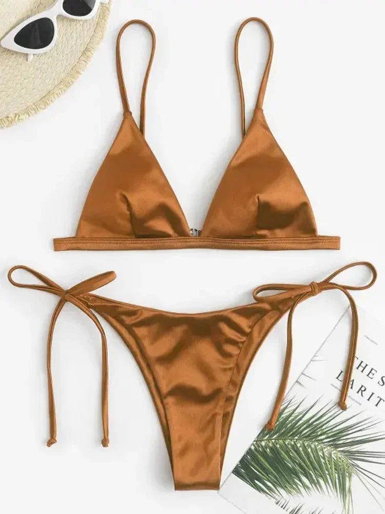 2025 Metallic Satin High Cut Brazilian Bikini Women Swimwear Female Swimsuit Two-pieces Bikini Set Bathing Suit Swim Beach Wear
