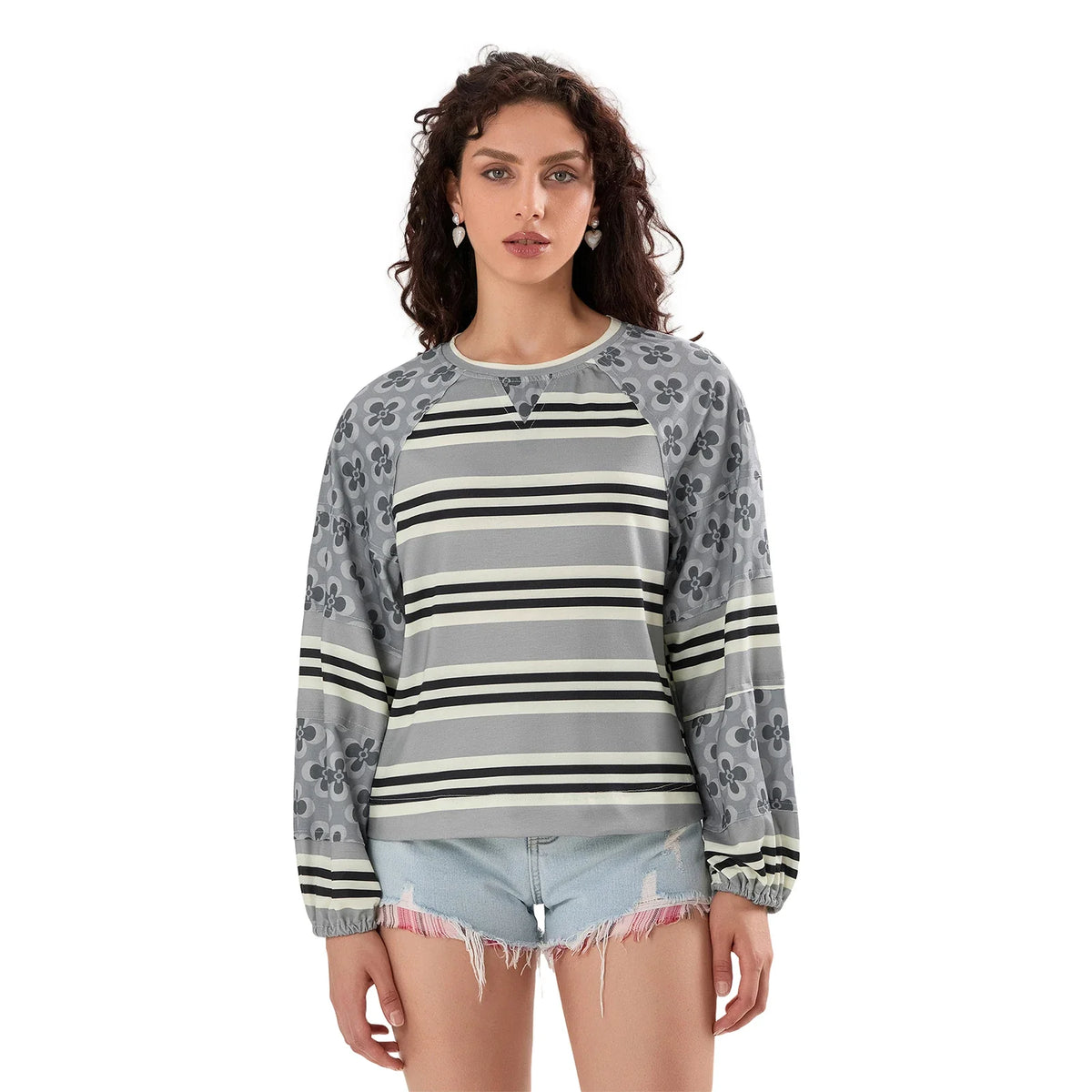 Loose Knitted Tops Women Contrast Color Stripe Floral Print Long Sleeve Pullovers Fall Winter Casual Jumpers