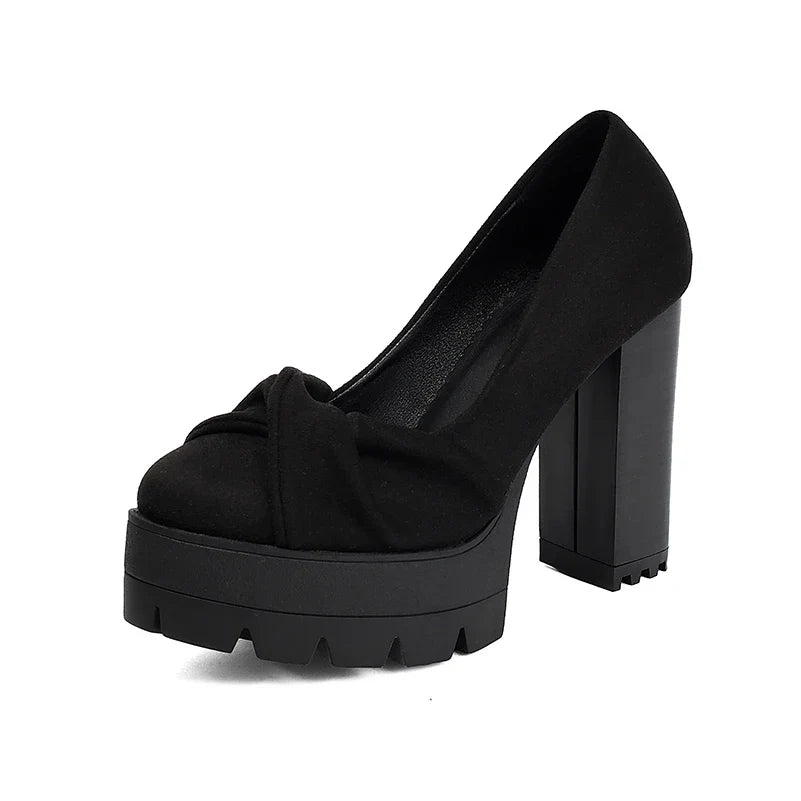 Plus Size Cross Soft PU Upper Platform Ultra Coarse Heel Shallow Breathable High Heels Office Women&