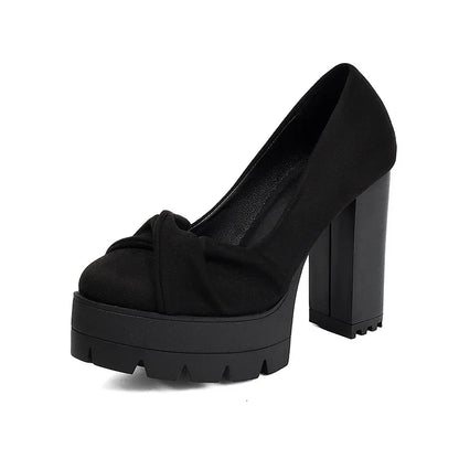 Plus Size Cross Soft PU Upper Platform Ultra Coarse Heel Shallow Breathable High Heels Office Women&