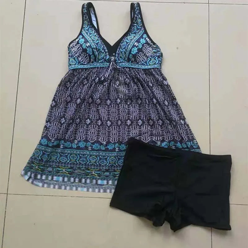 DEKA Swimsuits Women Two Piece Bikini Plus Size Swimdress Printed Tankini Set Push Up Retro Large Swimwear Swimming Suit