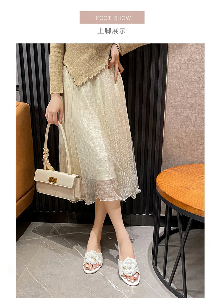 High End Luxury Flower Slippers Women Camellia Shoes Open Toe Slides Femme Outside&amp;Home Pantuflas Sandals Ladies Flip Flops