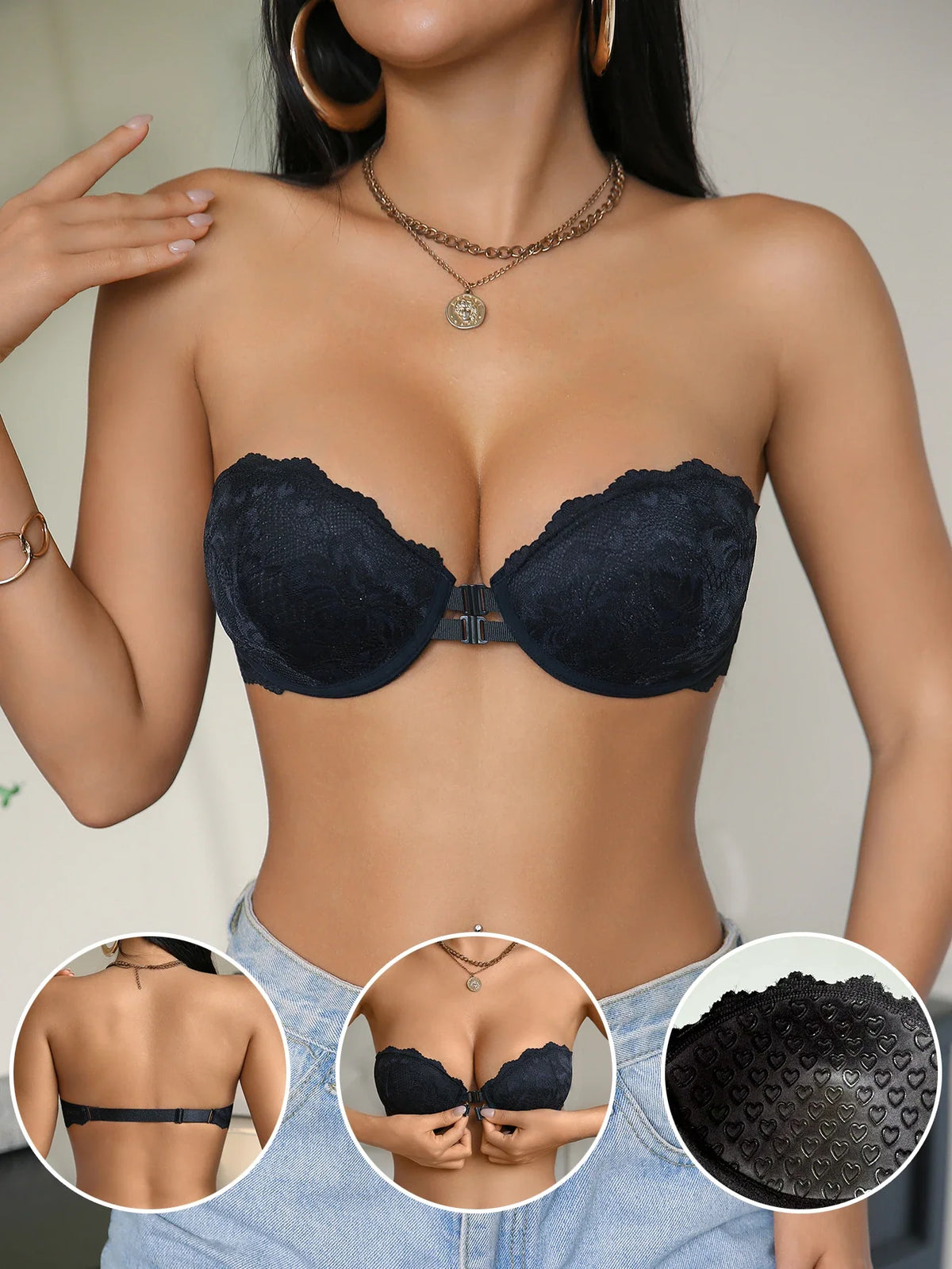 Solid Color Lace Women Strapless Bra Front Closure Underwire Push Up Invisible Non-slip Sexy Lingerie