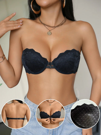 Solid Color Lace Women Strapless Bra Front Closure Underwire Push Up Invisible Non-slip Sexy Lingerie