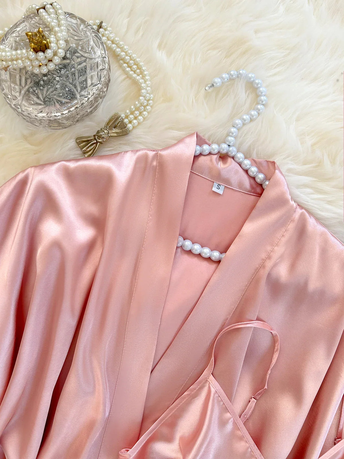 Elegant Solid Satin 4 Pcs Pajamas Set Women Belt Robe V Neck Top Ruffle Hem Shorts And Long Pants Luxury Ladies Night Suit