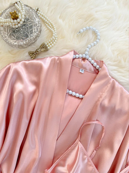 Elegant Solid Satin 4 Pcs Pajamas Set Women Belt Robe V Neck Top Ruffle Hem Shorts And Long Pants Luxury Ladies Night Suit