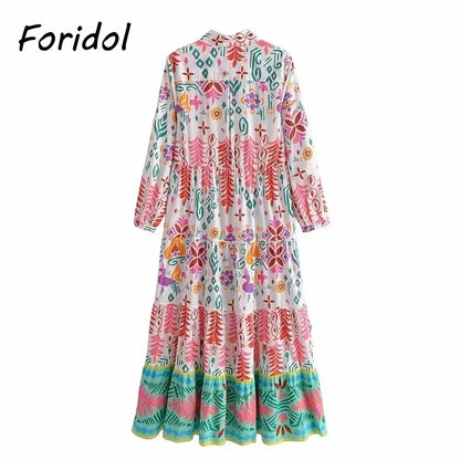 Foridol Floral Print Casual Boho Shirt Dress Maxi Long Autumn Winter Long Sleeve Dress Vestidos 2025 Button Up Dress