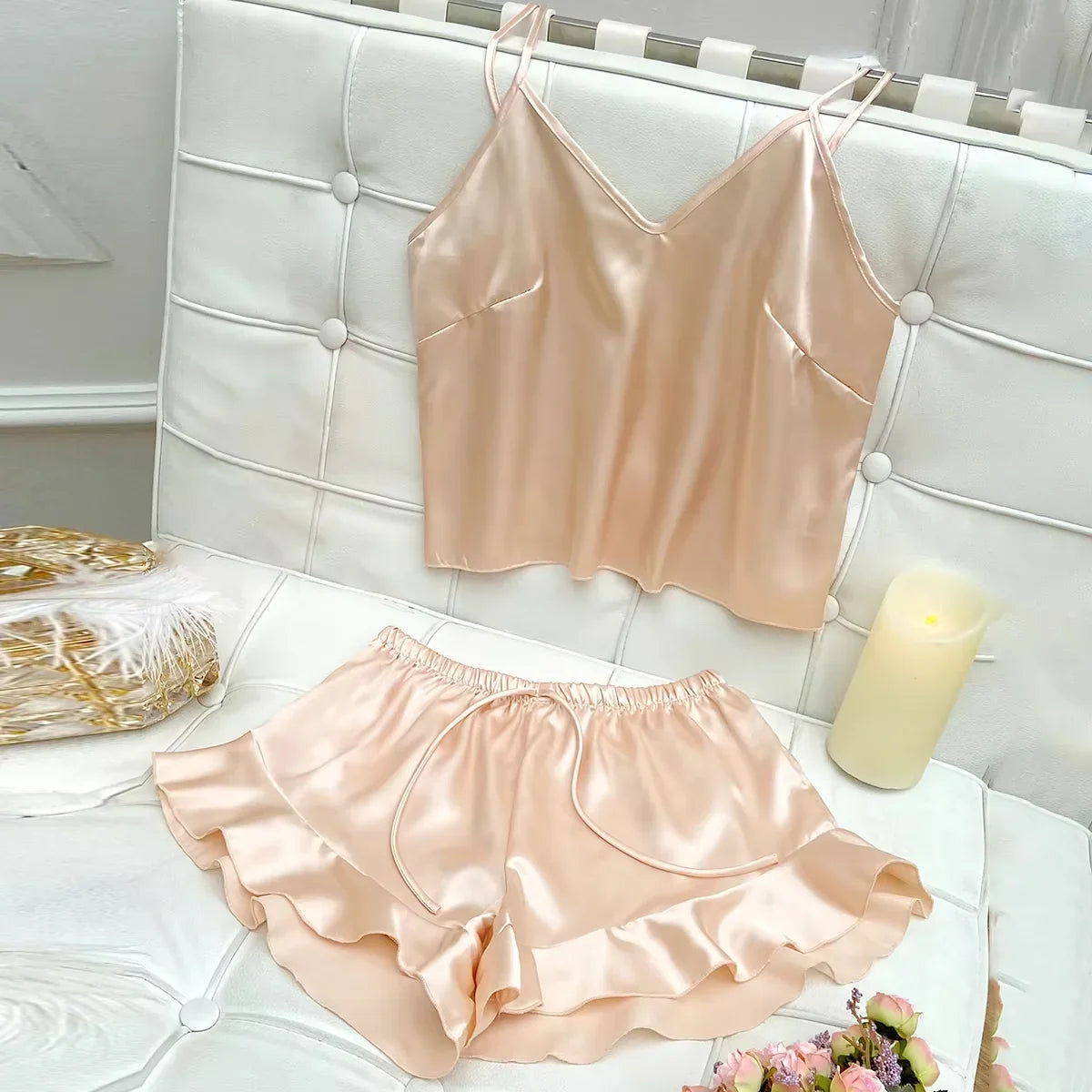 Solid Satin Pajama Set V Neck Cami Top Ruffle Shorts Women&