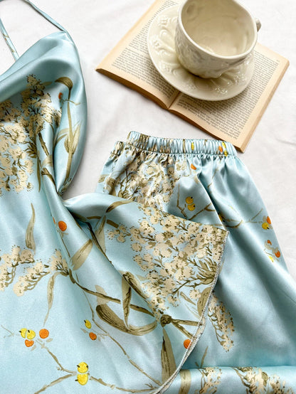 Small Cherry Print Pajamas Set Spring Summer Halter Pants Two Piece Thin Home Wear Women