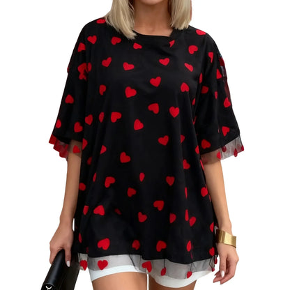 Summer T-Shirt Women Casual Loose Fit Stylish Love Heart Print Crew Neck Short Sleeve Tops