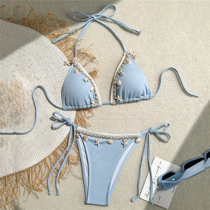 Shell Decoration Swimwear String Halter Bikinis Sets Micro Thong Sexy Swimsuit Women 2026 Bathing Suit Purple Triangle Bikini