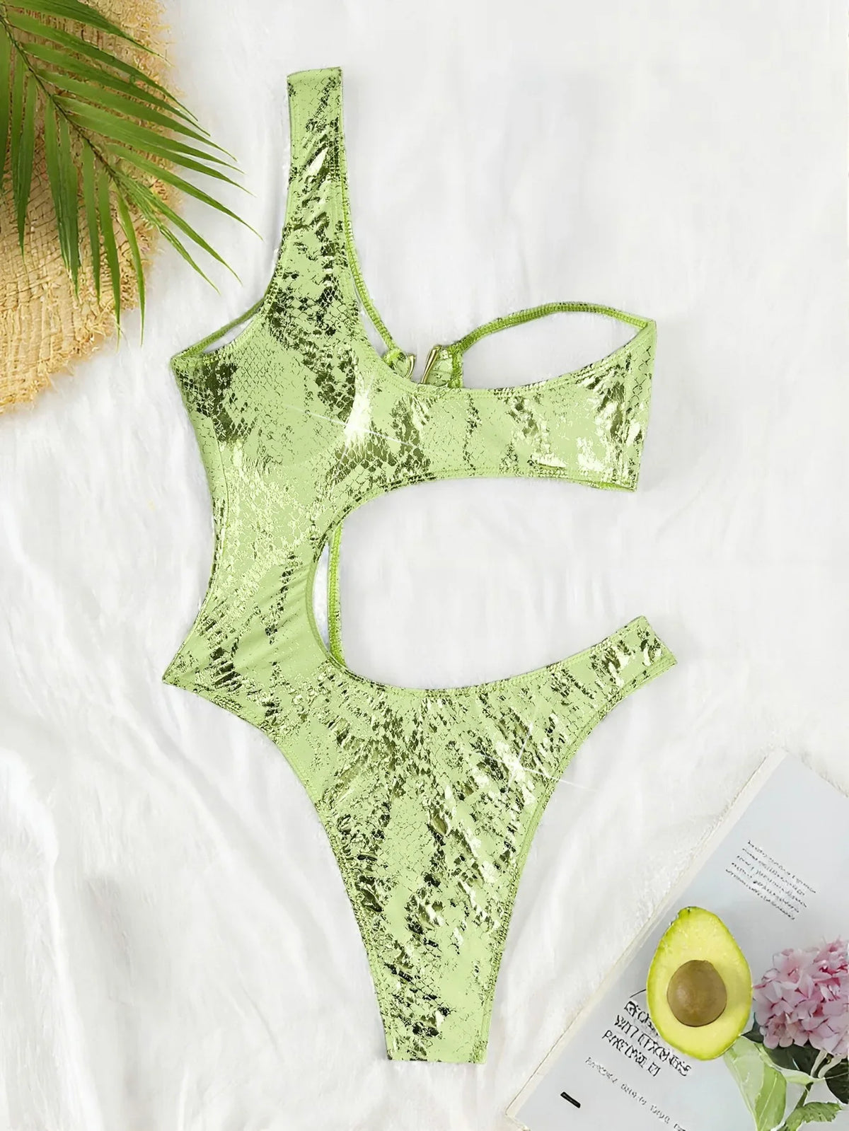 sexy glitter green sanke print one shoulder swimsuits one piece hollow out bikini swimwear bodysuits women biquini bathing suits