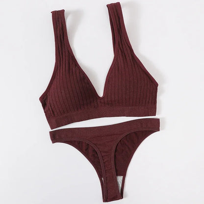 Women Seamless Bra And Panties Set Push Up Bras High Leg Cut Thongs Sport Wireless Brassiere Sexy Lingerie Ribbed Underwear