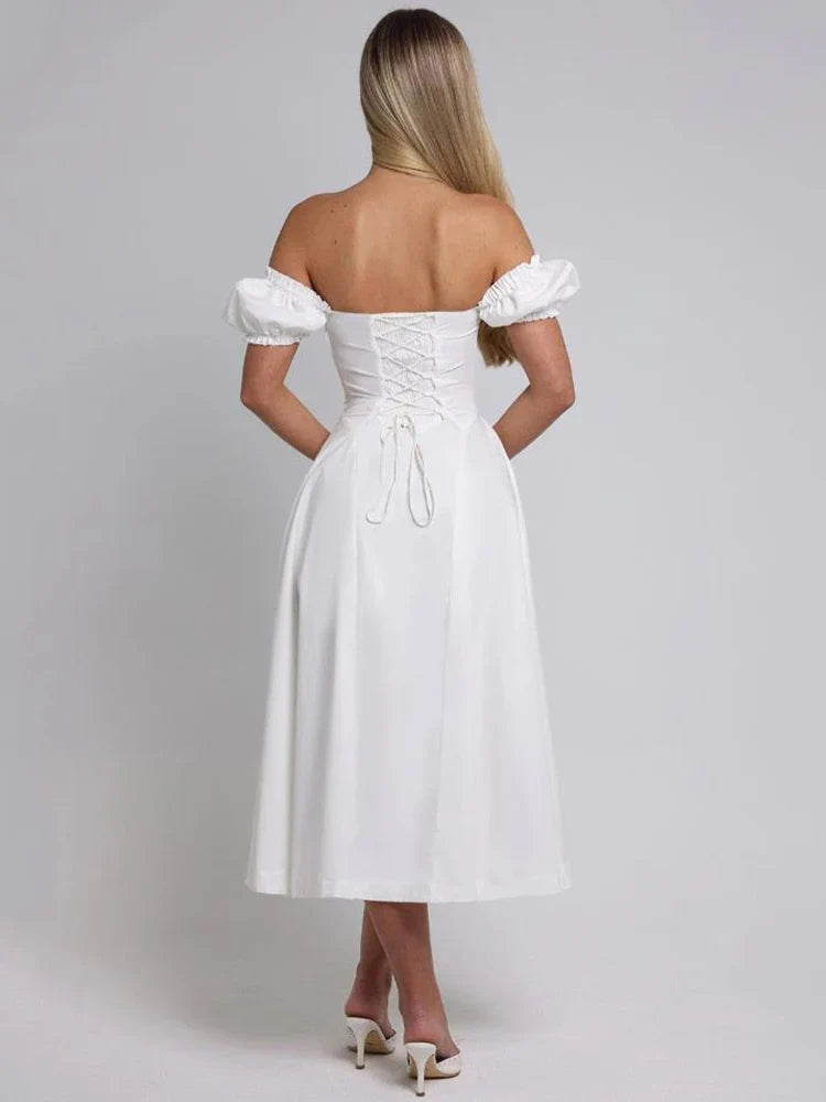 Bowknot Ruffles Light Blue Midi Dress Women&