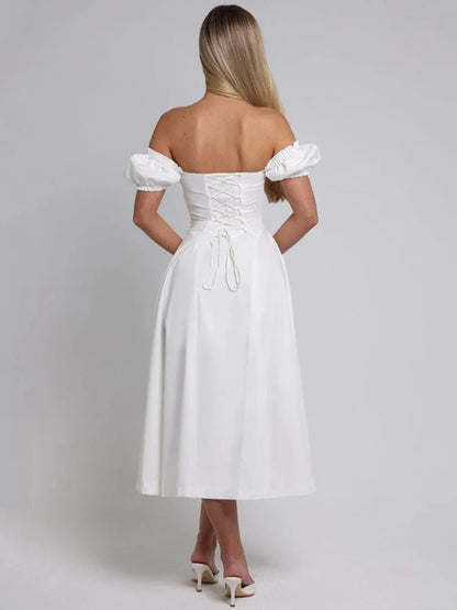 Bowknot Ruffles Light Blue Midi Dress Women&