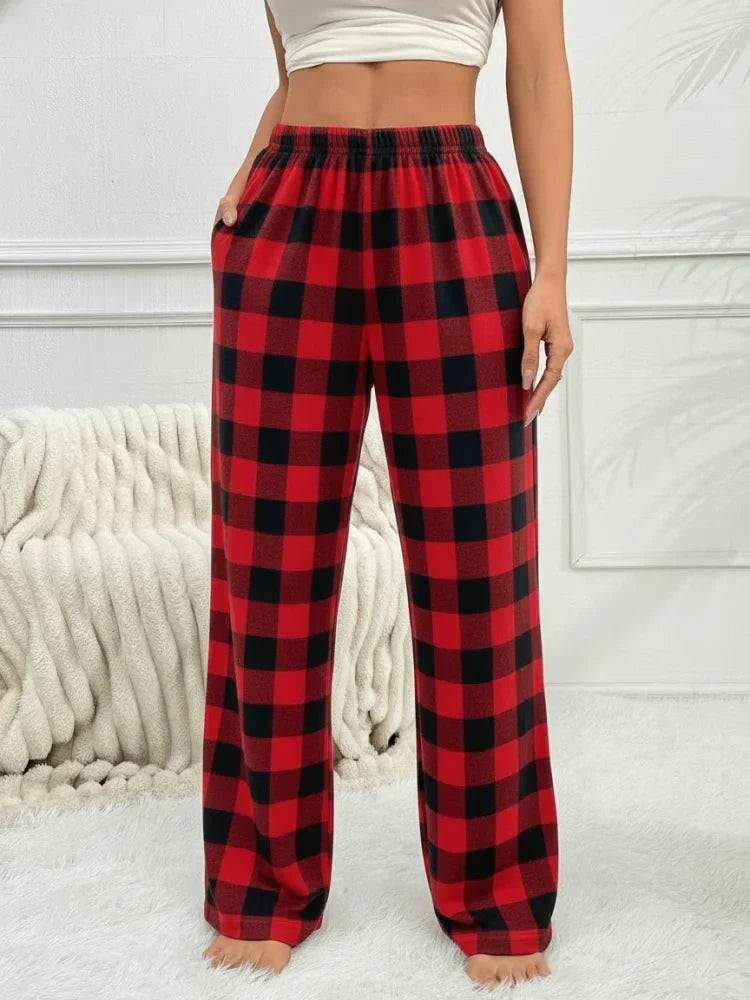 Autumn Winter Pajama Pants for Women Fuzzy Pack Long Fleece Buffalo Plaid Sleep Bottoms Soft Drawstring Lounge Sleepwear