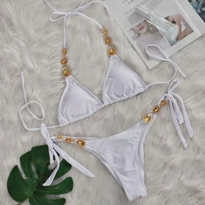 DEKA Two Pieces Halter Metal Chains Diamond Bikini Set Shiny Rhinestone Bikini Women Swimsuit Female Swimwear Bathing Suit Swim
