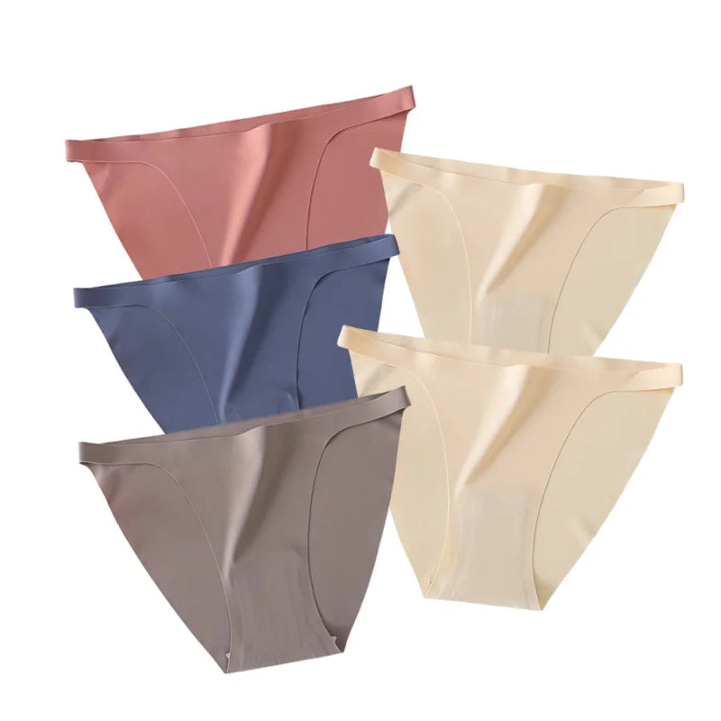 5Pcs/Set Women Seamless Briefs Ice Silk Panties Sexy Low Waist Underwear Female Underpants Solid Color Lingerie M-XL