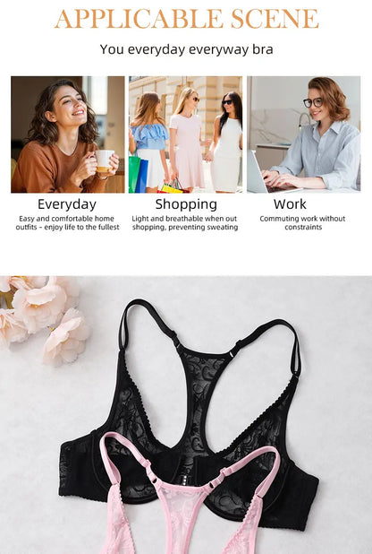 Womens Front Button Lace Bra Underwire Underwear Elegant Embroidery Trendy Breathable Casual Plus Size Lingeire A B C D E F Cup