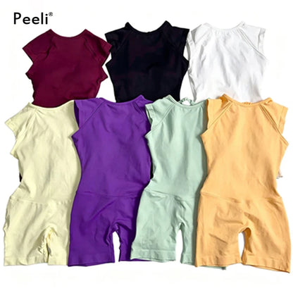 Flutter Sleeve One Piece Yoga Set Women Backless Yoga Enterito Gym Set Seamless Sports Jumpsuit Bodysuit Workout Shorts Romper