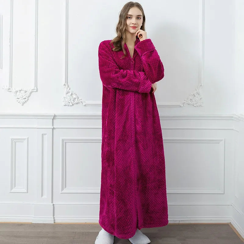 New Women Winter Extra Long Warm Jacquard Flannel Bathrobe Pregnant Zipper Plus Size Dressing Gown Lounge Coral Fleece Bath Robe