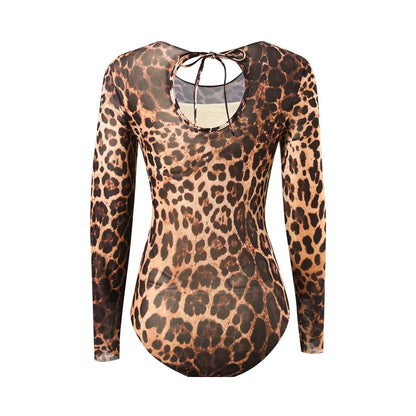 S - XXL New Sexy With Shorts Leopard Long Sleeve One Piece Swimsuit Women Swimwear Female Padded Bather Bathing Suit Swim V7348